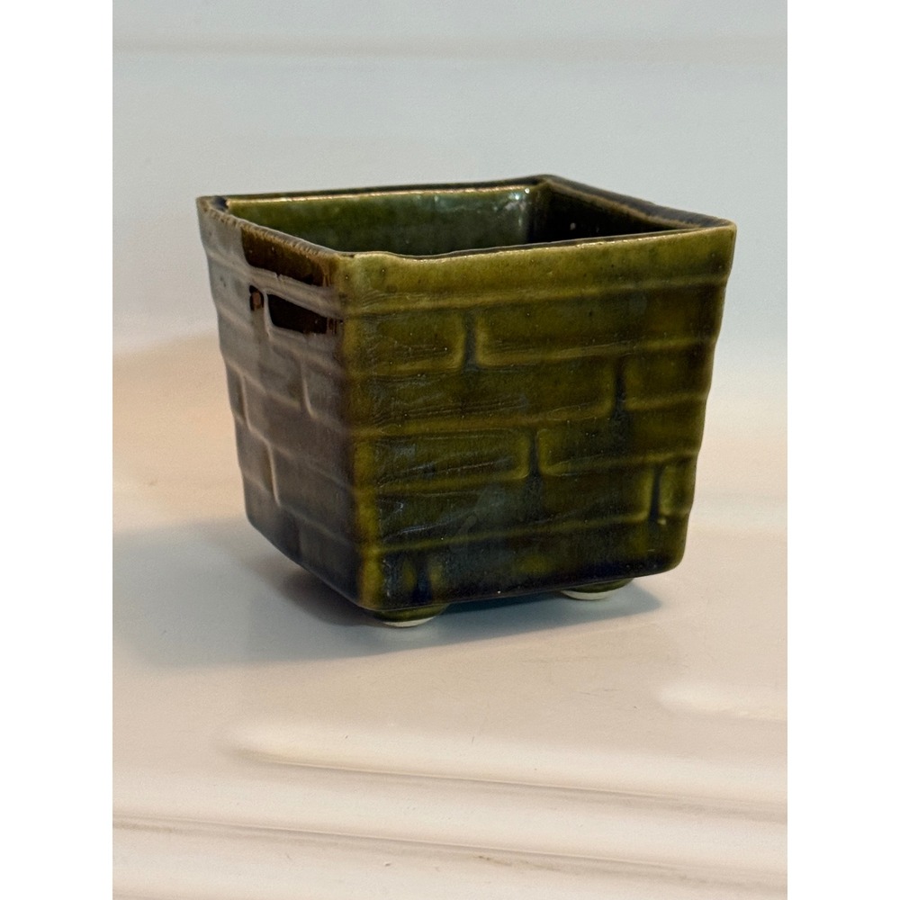 Vintage UPCO USA Green Drip Glaze Brick Pattern Square Pottery Planter 608